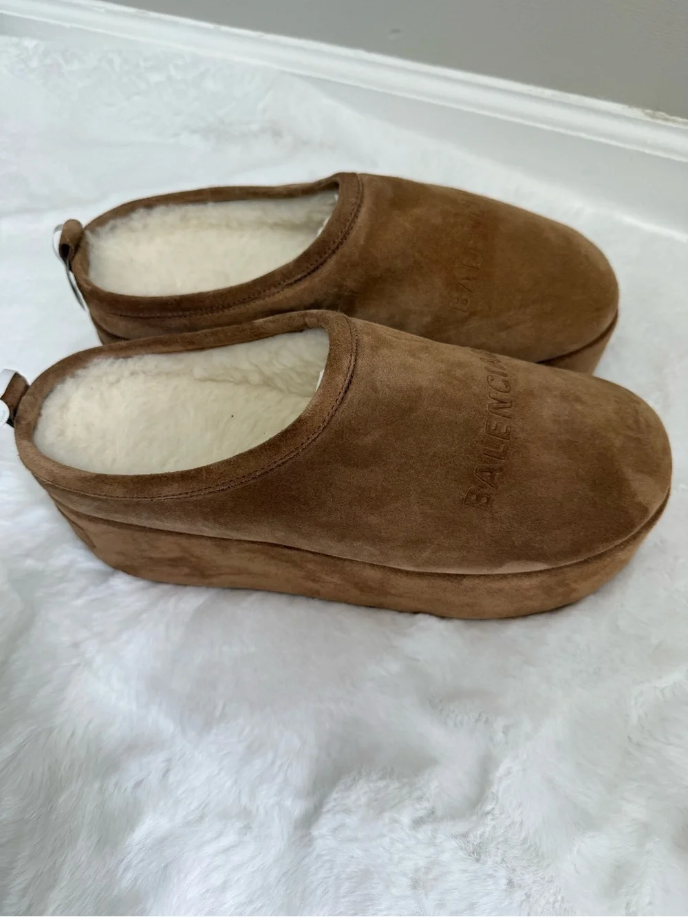 Balenciaga Alaska Platform Slides Brown White Shearling Sz 41